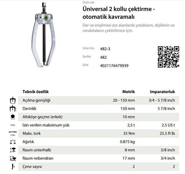 Kukko 482-3 İki Ayaklı Yaylı Çektirme 150 mm