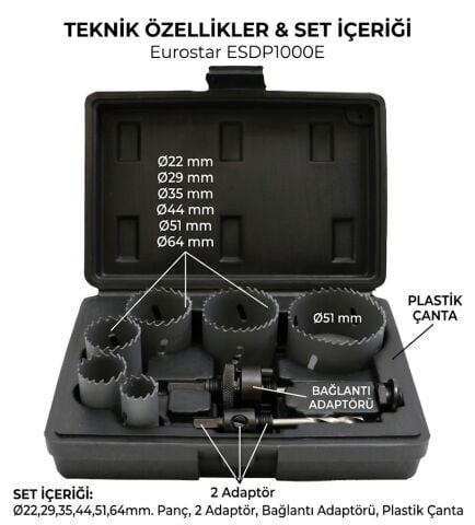 Eurostar ESDP1000E HSS Bi-Metal 9 Parça Profesyonel Elektrikçi Panç Seti Ø22,29,35,44,51,64mm.