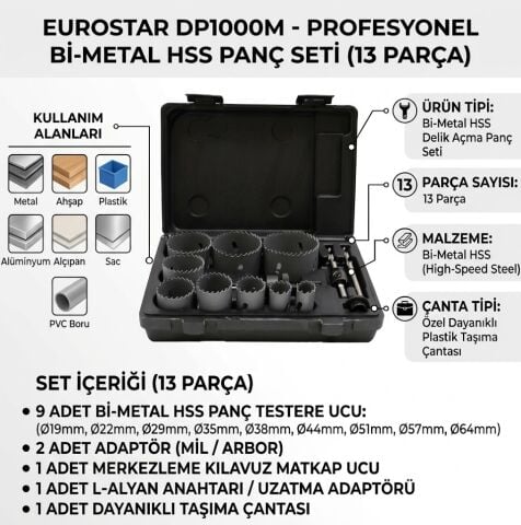 Eurostar DP1000M Bi-Metal HSS Elektrikçi ve Tesisatçı Panç Seti 13 Parça Ø19, 22, 29, 35, 38, 44, 51, 57, 64 mm
