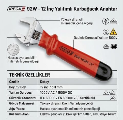 IREGA 1000V İzoleli Ayarlanabilir Kurbağacık Anahtar 12'' - 311 mm