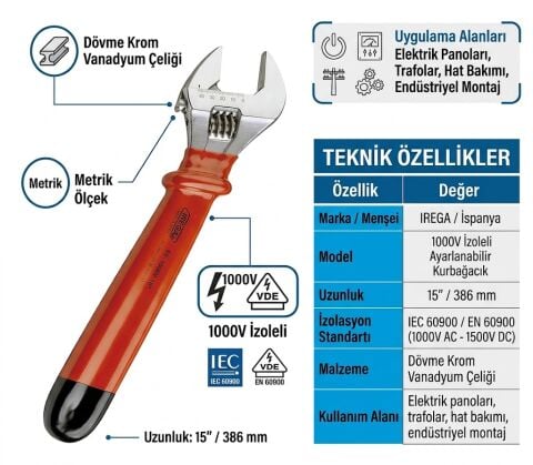 IREGA 1000V İzoleli Ayarlanabilir Kurbağacık Anahtar 15'' - 386 mm