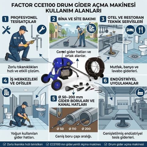 Factor CCE1100 1100 W Ağır Tip Elektrikli Kanal ve Gider Açma Makinesi Ø 50–200 mm