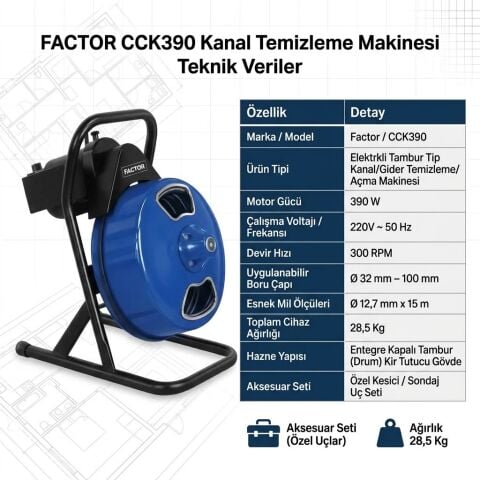 Factor CCK390 390W Elektrikli Tamburlu Tıkanıklık ve Gider Açma Makinesi (32 - 100 mm)