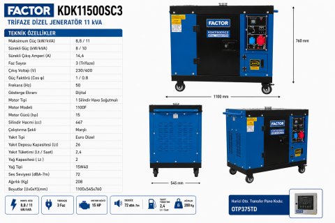Factor KDK11500SC3 Trifaze Dizel Jeneratör 11 kVA Marşlı