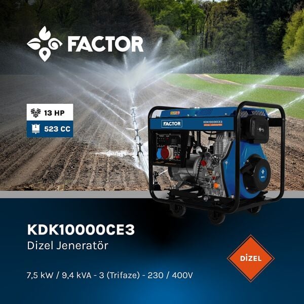 Factor KDK10000CE3 Dizel Jeneratör İpli / Marşlı Trifaze 9.4 KVA