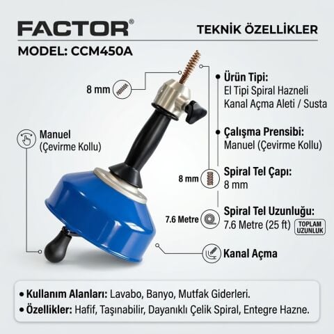 Factor CCM450A Spiral Hazneli El Tipi Kanal Açma Aleti 8 mm x 7.6 m - Lavabo Gider Tıkanıklık Açıcı Susta